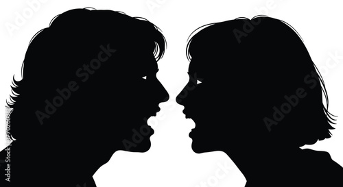 Silhouette of two people arguing, mouths open in an angry expression, facing each other against a white background.