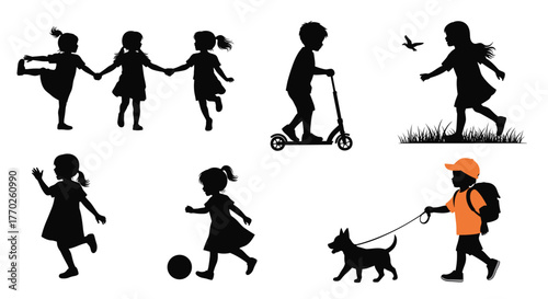 Silhouettes of diverse children playing and having fun outdoors, engaging in various recreational activities.