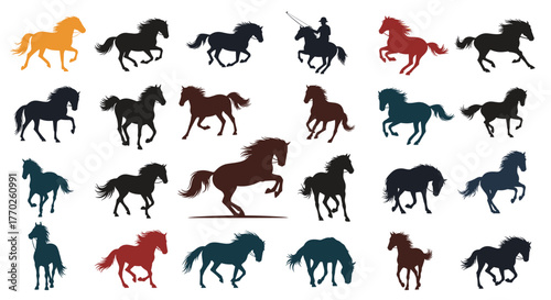 Collection of silhouette horse illustrations in various poses and colors on a white background.