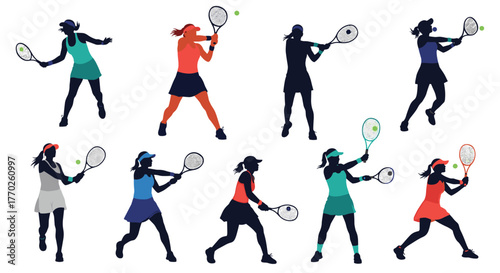 Tennis players in action demonstrating various swing techniques and styles during a competitive match or training session.