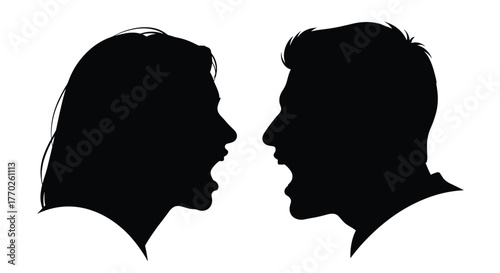Silhouette of a man and woman facing each other with their mouths open, suggesting shouting or arguing.