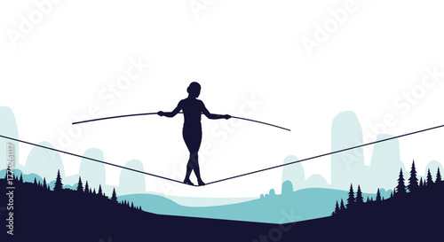 Silhouette of a person tightrope walking against a landscape background with mountains and trees.