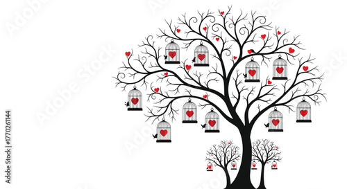 A stylized black tree adorned with birdcages containing red hearts and small birds.