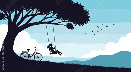 Serene silhouette of a girl swinging under a large tree with a bicycle nearby, birds flying in a tranquil landscape.