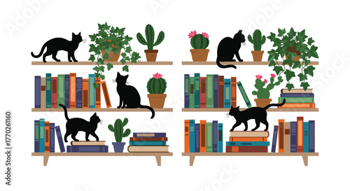 Black cats and potted plants adorning bookshelves filled with colorful books.