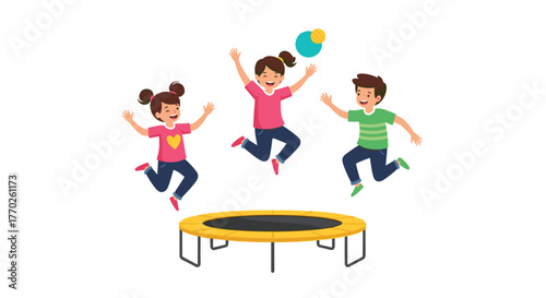 Children joyfully bouncing on a trampoline, enjoying outdoor fun and recreation on a sunny day.