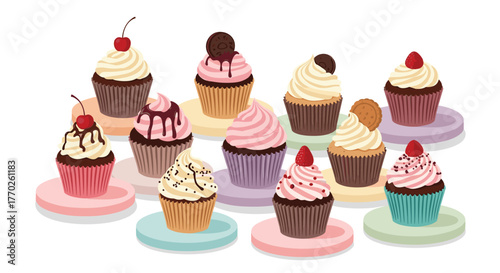 An elegant display of various gourmet cupcakes featuring colorful frostings, sprinkles, fruits, and cookies, perfectly arranged on pastel stands.