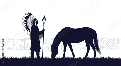 Silhouette of a Native American chief with a spear standing beside a grazing horse, with tribal patterns in the background.
