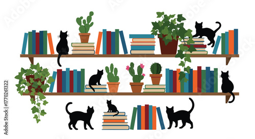 A cozy bookshelf scene with cats, plants, and books, creating a serene and inviting atmosphere.