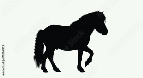 Silhouette of a black horse walking with its mane and tail flowing.