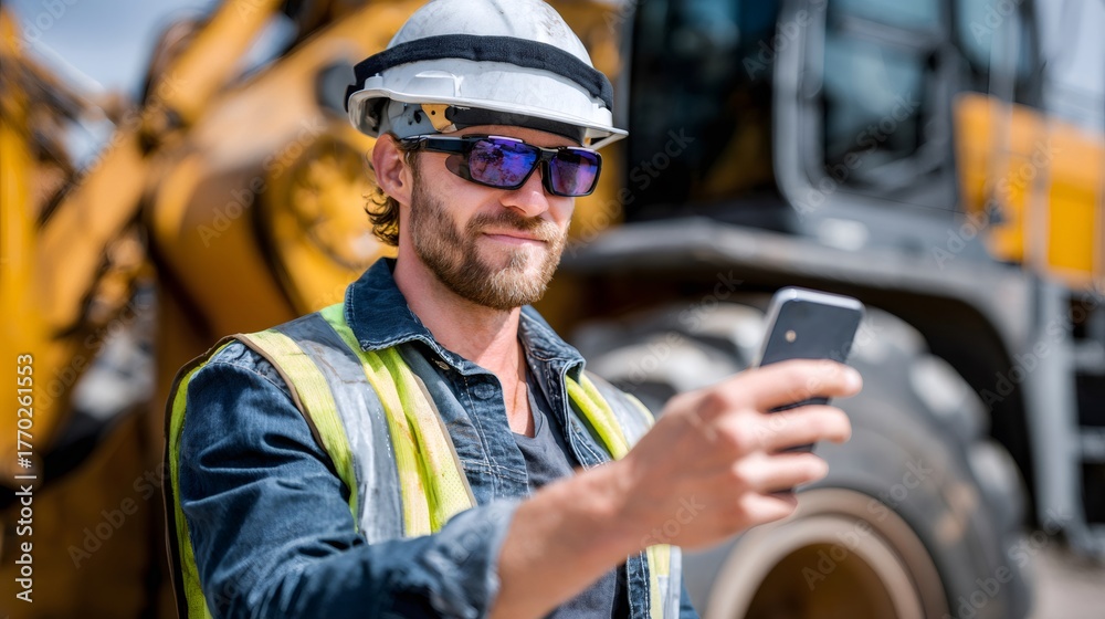 Obraz premium Construction worker using smartphone and smart glasses