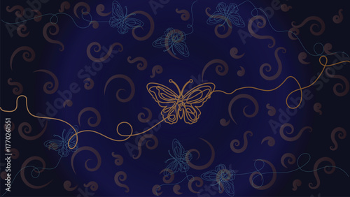 Luxury Line Art Butterfly Seamless Background with Gold Outline and Deep Midnight Blue Gradient for Elegant Wedding Wallpaper and Feminine Branding