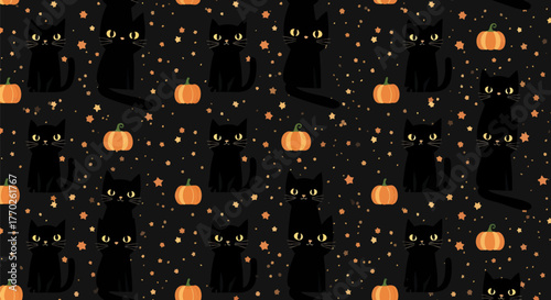 Halloween Pattern Black Cats and Pumpkins amid a Field of Glittering Orange Stars
