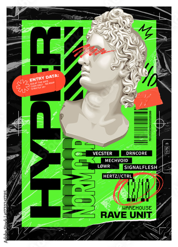 Acid Rave Poster with Apollo Bust and Brutalist Elements