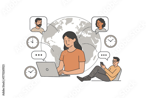 asynchronous communication workflow global remote and flexible schedules flat vector illustration style isolated on white background