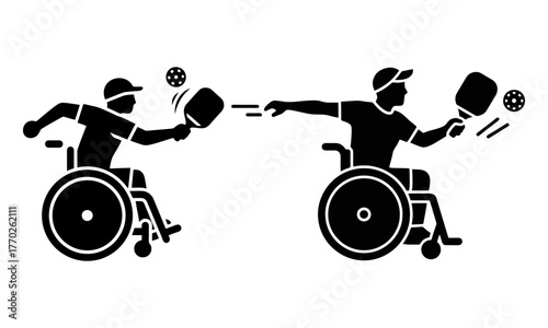 Wheelchair pickleball icons two players competing in sports action silhouette