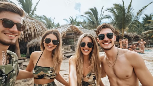 Three Friends Smiling and Posing at Tropical Beach Resort, Wearing Sunglasses