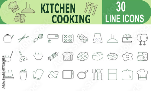 Line style icon set representing kitchen tools, food, and beverages. Vector illustrations
