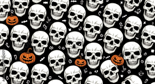 Halloween Skull Pattern Spooky Skulls and Pumpkin Decorations for Festive Designs & Backgrounds
