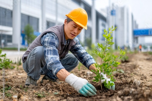Asian man planting tree in urban greening project