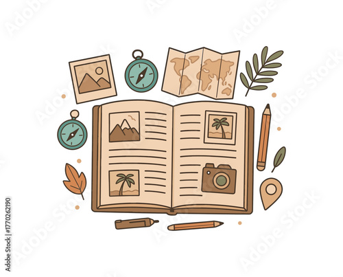 travel journal memory keeping and exploration diary flat vector illustration style isolated on white background