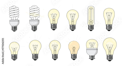 Collection of diverse electric light bulbs, featuring traditional incandescent and energy-saving fluorescent types, with some illuminated.