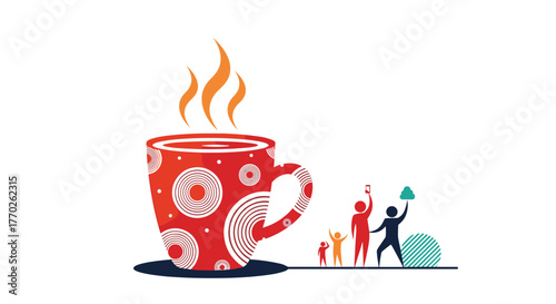 Community of diverse people with technology and digital elements gathered next to a large, steaming coffee mug.