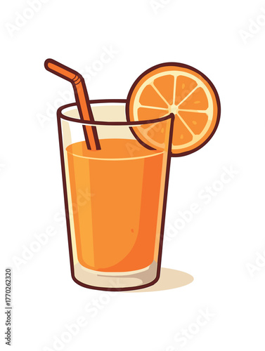 stylized illustration glass of orange juice with slice and straw flat vector style white background isolated