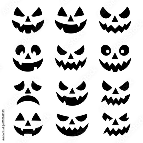 A bundle of black Halloween pumpkin faces in various spooky and cute expressions. Perfect for pumpkin carving templates, stickers, t-shirts, and Cricut cutting projects. Jack-o’-lantern SVG silhouette