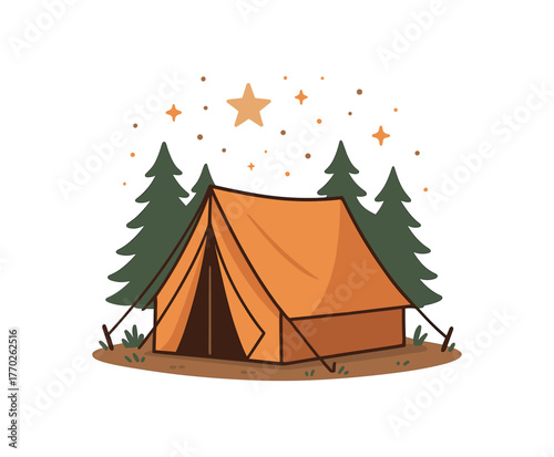 camping tent under stars outdoor lifestyle and travel adventure flat vector illustration style isolated on white background