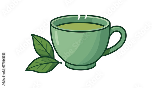 stylized illustration green tea cup with steam and tea leaves flat vector style white background isolated