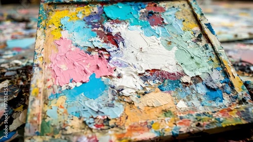 Close Up of Colorful Paint on a Wooden Palette