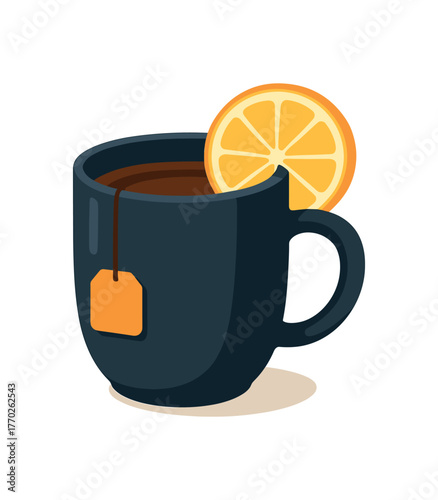 stylized illustration black tea mug with lemon slice flat vector style white background isolated