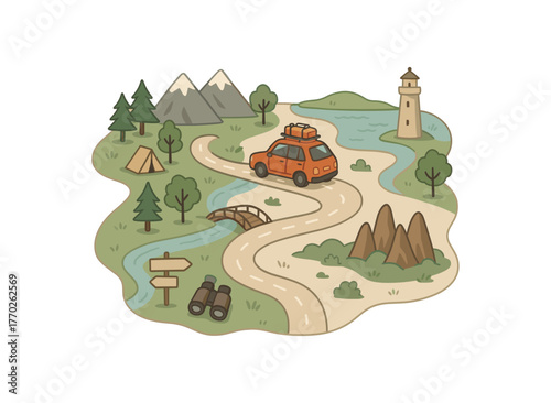 road trip map scenic driving routes and exploration planning flat vector illustration style isolated on white background