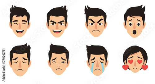A set of cartoon vector illustrations depicting a range of human emotions and facial expressions from happy to sad and in love.