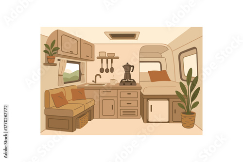 camping van interior nomadic lifestyle and travel comfort flat vector illustration style isolated on white background