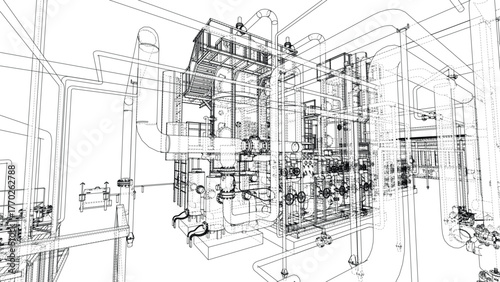 Complex Industrial Piping Blueprint. Vector