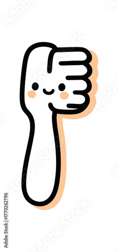 kawaii doodle illustration of cute toothbrush with smiling face bold black outline minimal details light orange drop shadow isolated on white background