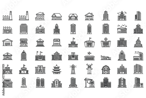 "Icons Representing Different Types of Buildings and Architectural Structures."