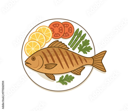 grilled fish plate seafood cuisine and healthy dinner ideas flat vector illustration style isolated on white background