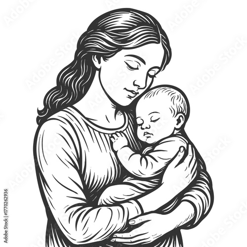 serene mother gently cradling her sleeping baby, representing love, care, and maternal affection sketch engraving generative ai fictional character vector. Scratch board imitation. Black and white.