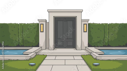 Illustration of a gray double door with lights and hedges and water features on either side of it
