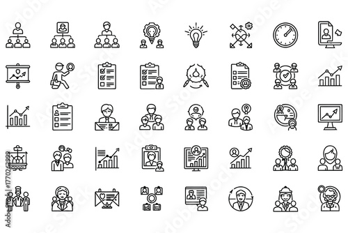 "Icons Representing Business, Networking, and Data Analytics."