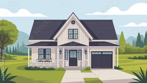 Illustration of a two story house with a porch and garage in a green landscape setting outdoors