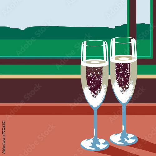 Celebratory champagne flutes with a scenic view
