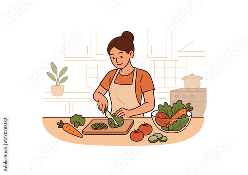 chopping vegetables kitchen routine and healthy lifestyle flat vector illustration style isolated on white background