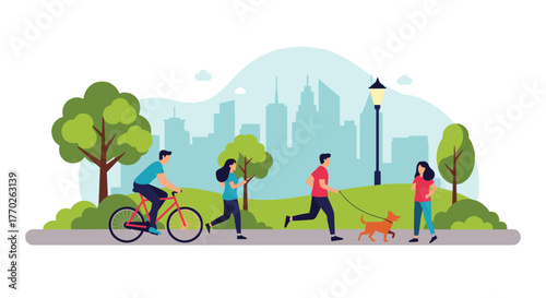 Diverse group of people engaging in cycling, jogging, and walking with a dog in a green urban park.