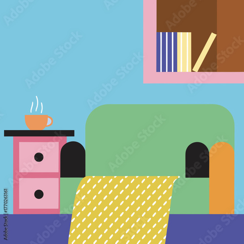 Cozy living room interior with a green sofa and a cup of tea on table