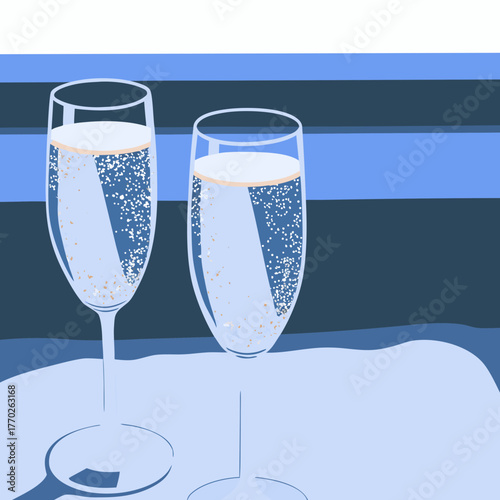 Elegant champagne flutes filled with sparkling beverage in a minimalist setting