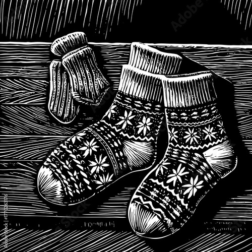 Engraved socks and mittens on a wooden surface in black and white
